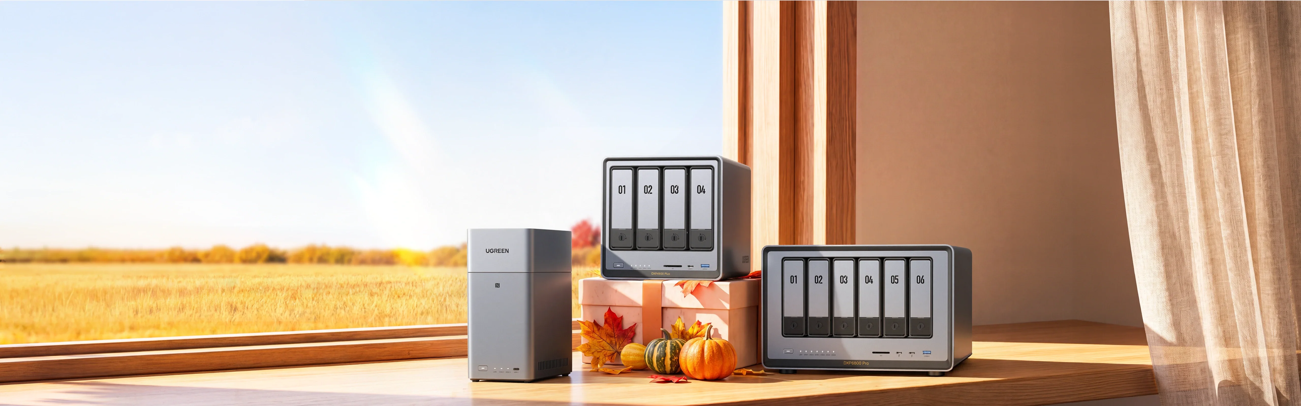UGREEN NAS range on a wooden shelf