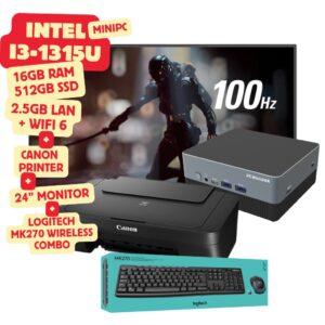 Work From Home Mini PC Bundle – Core i3 (16GB RAM) + AOC 24” Monitor + Canon Printer + Logitech Wireless Combo
