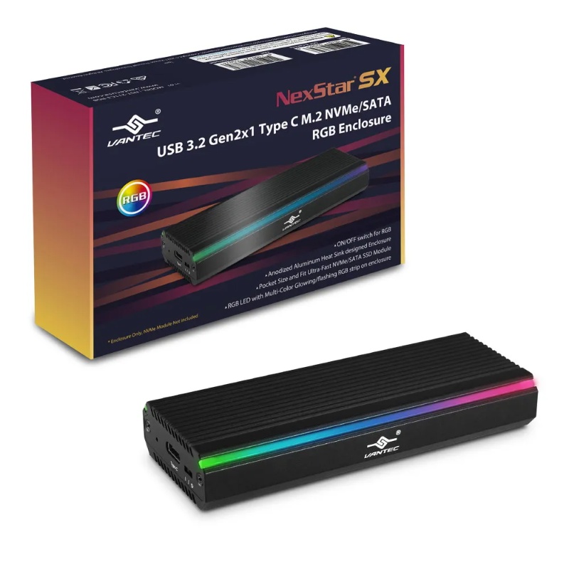 Vantec NexStar SX NST-211C3-RGB USB 3.2 Gen 2x1 M.2 NVMe/SATA RGB Enclosure - Image 2