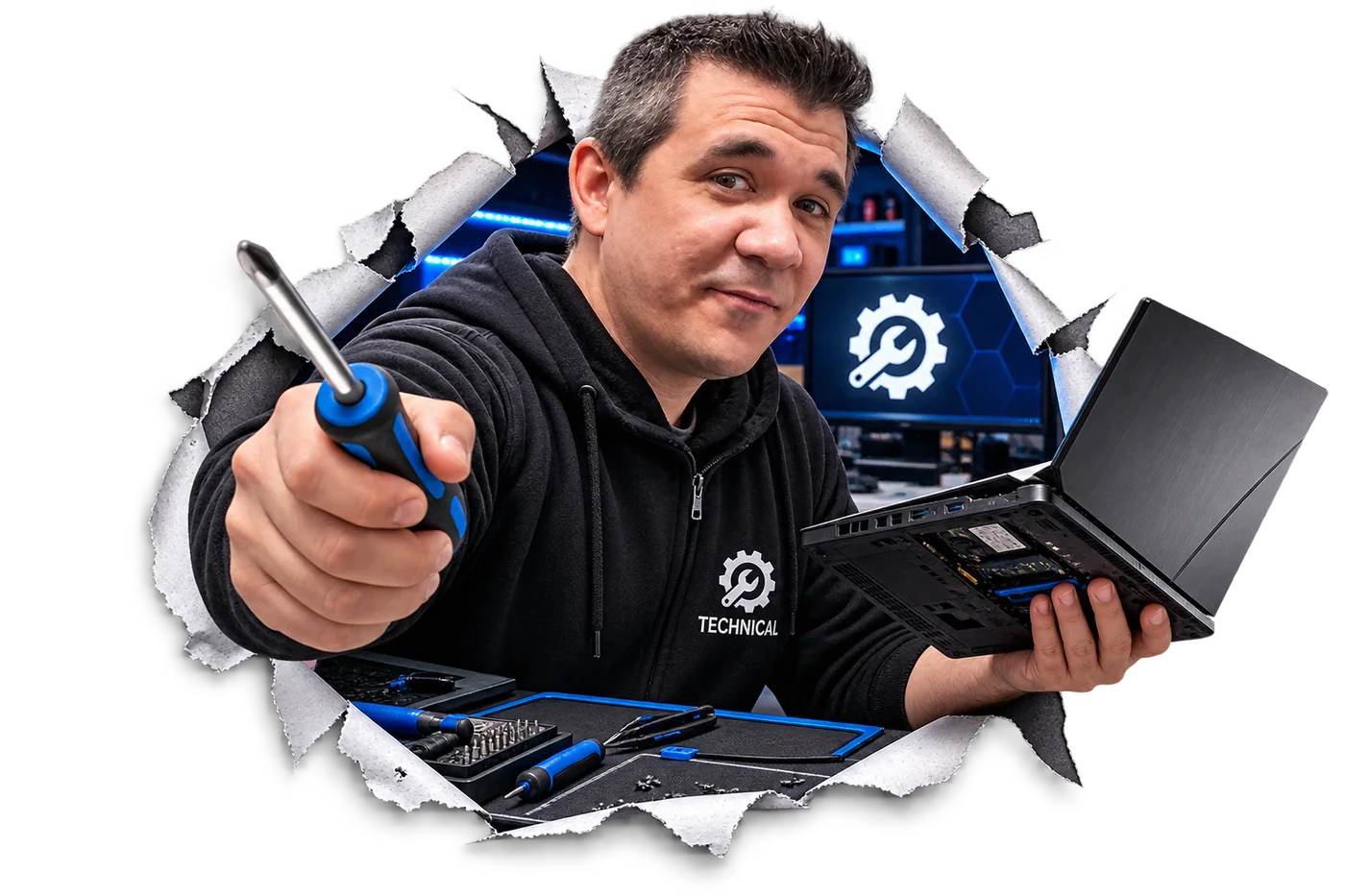 Chaos Computers technician repairing a laptop